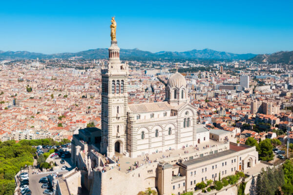 Notre Dame de la Garde or Our Lady of the Guard aerial view, it is a catholic church in Marseille city in France